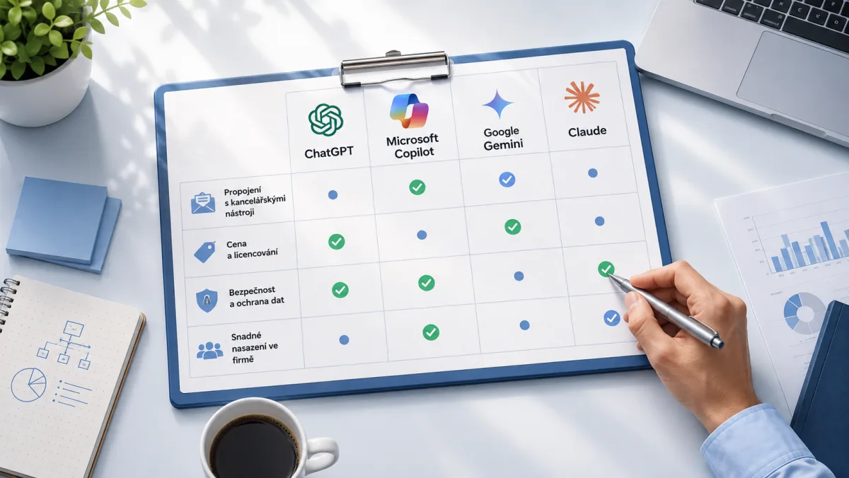 Srovnávací tabulka ChatGPT, Microsoft Copilot, Google Gemini a Claude na klipboardu, s logy nástrojů a hodnocením podle propojení s kancelářskými nástroji, ceny, bezpečnosti a snadnosti nasazení ve firmě