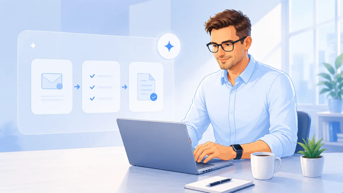 Muž u notebooku ve světlé kanceláři, vedle něj průhledný panel se schématem práce Copilot Coworku: e-mail, odbavený seznam úkolů a hotový dokument.